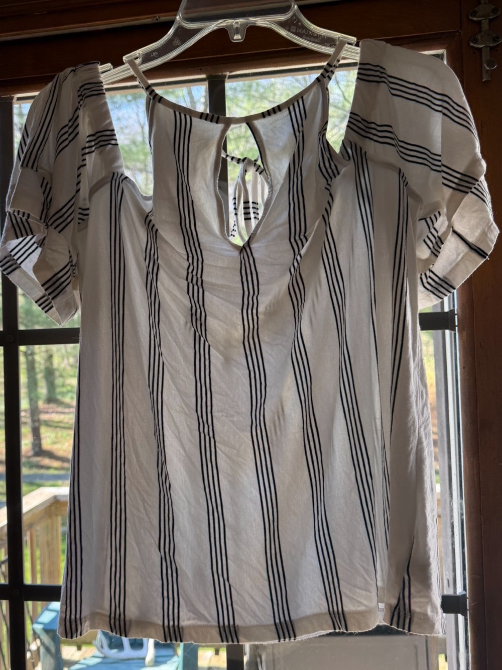 American Eagle Soft&Sexy Striped White and Black Women's Cold-Shoulder Top Sz L